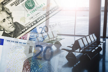Travel costs concept with money and airport waiting area. Dollar and euro banknotes overlay. Empty terminal seats by window. Rising travel expenses and inflation theme. Transportation budget planning