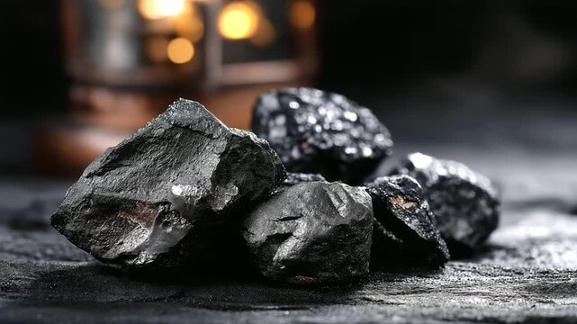 Close-up photograph of raw coal ore extracted from coal mine, black mineral resource texture, industrial carbon material detail, with copy space