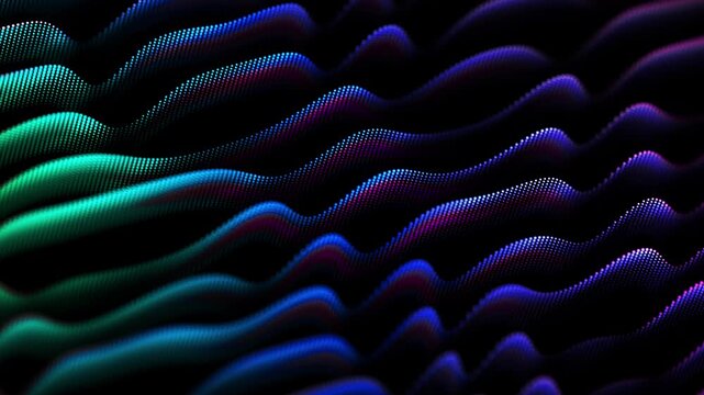 Slow flowing digital sound waves made of glowing particles on dark background. Abstract futuristic concept of artificial intelligence (AI), big data, data flow or digital equalizer. 4K, smooth motion