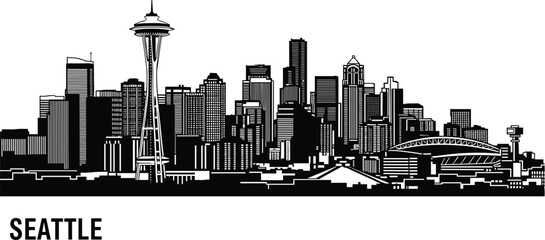 Obraz premium Seattle skyline skyline illustration, black and white vector city silhouette featuring Space Needle, urban cityscape, Washington state landmark, architectural graphics.