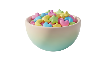 A bowl of colorful star-shaped and animal-shaped cereal pieces in a white bowl with a blue-green gradient.