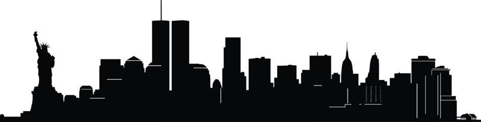 Vintage New York City skyline silhouette featuring the iconic Twin Towers World Trade Center and Statue of Liberty on white background.