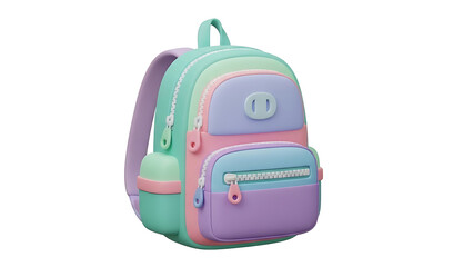 A colorful backpack with multiple pockets sits on a white background (154)_no-bg