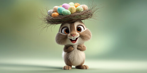 An Adorable Cartoon Easter Bunny Full Figure with a Bird-Nest Hat and Colorful Easter Eggs, Against a Pastel Green Background with Copy Space. Template for an Easter Greeting Card. Generative Ai.