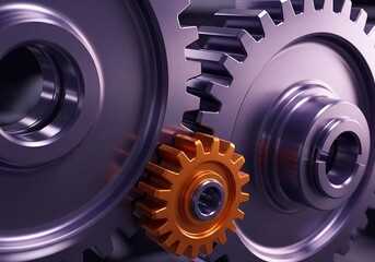 Close-up view of three interlocking gears in a mechanical system with one small orange gear creating contrast
