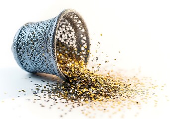 A silver decorative container spills golden glitter onto a plain white surface.