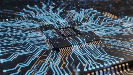 Advanced microchip processor with glowing blue digital circuits illustrating complex artificial intelligence and high speed data processing technology - Powered by Adobe