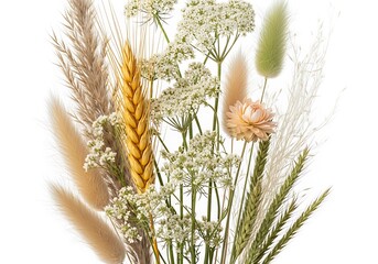 A beautiful close-up of a rustic dried flower bouquet with wheat and pampas grass