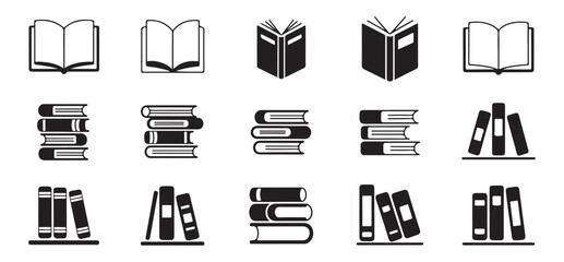 Comprehensive collection of black and white book icons, displaying open, closed, and stacked book formations