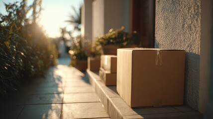 subscription box delivery concept. Cardboard boxes on a sunny porch, hinting at deliveries and home comfort.