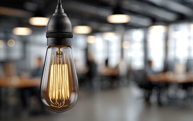 Modern office with an Edison bulb and blurred people for a teamwork concept. High quality. High quality. High quality