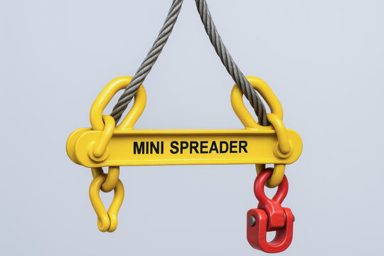 Mini spreader lifting equipment with steel wire rope and hook for crane safety in industrial construction and heavy load handling - Powered by Adobe