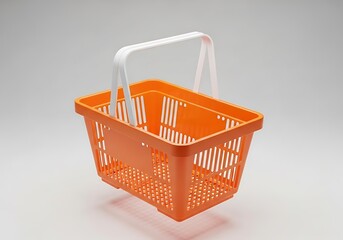 A bright orange plastic shopping basket with white handles isolated on a light gray background