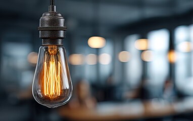 Modern office with an Edison bulb and blurred people for a teamwork concept. High quality. High quality. High quality