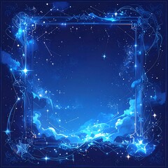 A square cosmic frame surrounds a starry, gradient blue night sky