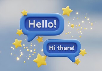 Hello and hi there messages in 3d blue chat bubbles surrounded by stars