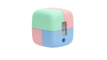 A pastel colored pencil sharpener sits on a white surface indoors.