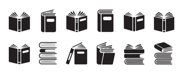 Diverse set of black and white book icons, symbolizing literacy, academic pursuits, and lifelong learning