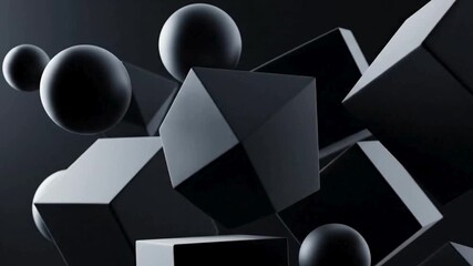 Abstract dark monochrome background featuring floating geometric shapes spheres and complex polyhedrons in deep shadow - Powered by Adobe