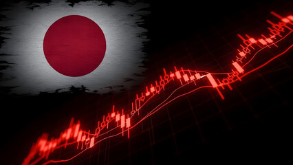 Japanese flag and red stock market chart showing economic downturn and financial crisis