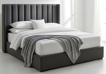 A modern gray upholstered bed with a channeled headboard and white bedding in a minimalist bedroom setting