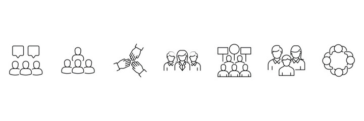 Fototapeta premium Family teamwork icon set, people communication dialogue, community leadership hierarchy, helping hands collaboration, group protest crowd, diverse friends unity circle illustration.