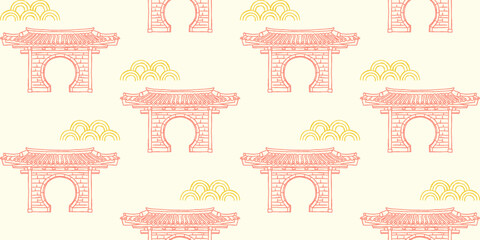 Seamless Chinese moon gate and cloud pattern on cream background