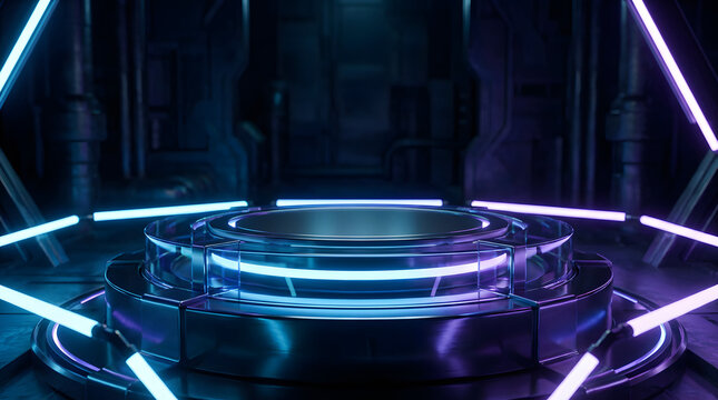 Futuristic neon podium stage with glowing lights