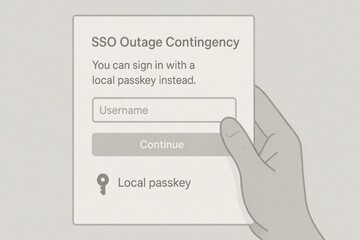 A hand holds a sign-in screen that shows options for signing in using local passkey or username during an SSO outage.