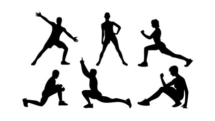 Obraz premium Black silhouettes of people performing various fitness exercises and poses workout .vector icon 