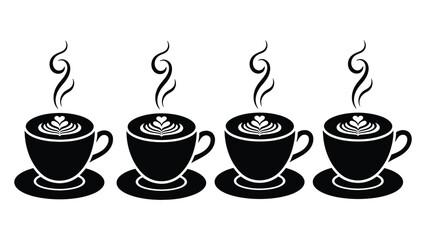 Obraz premium Four steaming cups of coffee with latte art are lined up.