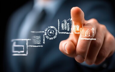 A closeup of a businessman pointing at a strategic planning icon. High quality. High quality. High quality