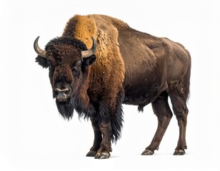 Photo of a European bison (wisent) isolated on a white background. Majestic large herbivore, ideal for wildlife, nature, and animal photography projects