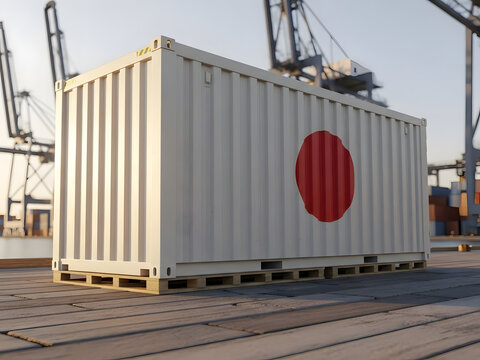 White shipping container featuring the national flag of japan at a bustling port terminal