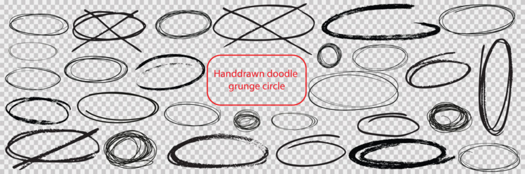 Hand-drawn doodle grunge circle highlights with charcoal pen round ovals. Marker scratch scribble effects and scrawled circular frames. Freehand painted circular note, vector illustration.