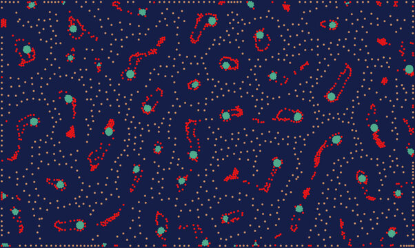 Abstract biological vector background featuring red and green microbial cells on dark blue. Scientific illustration of bacteria, virus, or germs spreading in a colony. Medical data visualization