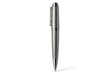 Ultra-realistic luxury ballpoint pen isolated on pure white background, sleek metallic body with chrome clip, soft studio lighting, clean shadow, front view, high resolution, PNG with transparent back