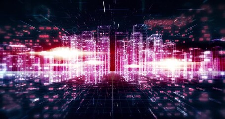 Cyber digital cityscape animation seamlessly moving to hardware server room. Digital virtual world 3D concept animation. - Powered by Adobe