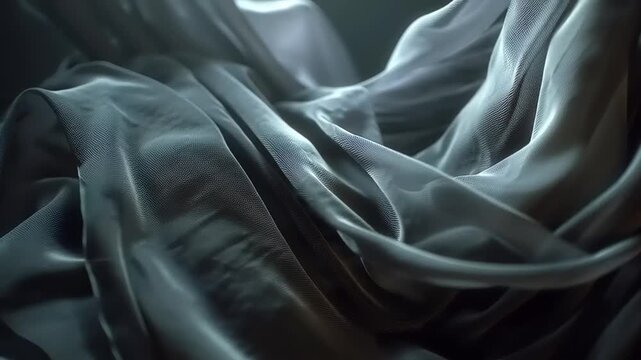 Ultra-realistic cinematic footage of abstract flowing fabric textures in soft lighting, close-up view capturing dynamic movement and fine details indoors