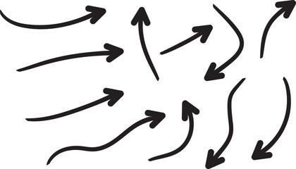 A collection of black arrows pointing in various directions on a white background