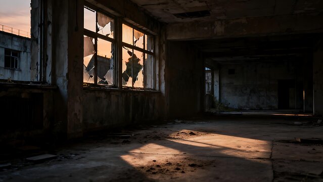 oligarchy. Urban ruin at dusk with soft light through a broken window onto a dusty floor. real-estate listings.