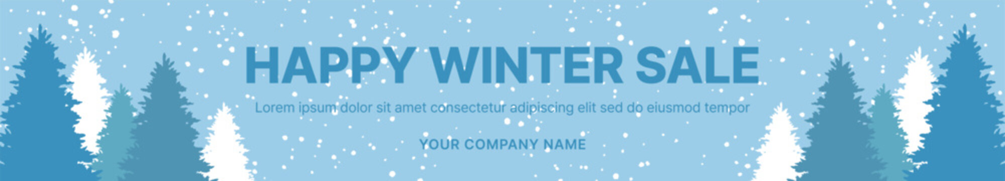 Horizontal "Happy Winter Sale" banner with a serene snowy forest landscape. Features blue and white fir tree silhouettes and falling snow. Ideal for seasonal promotions and retail advertising.