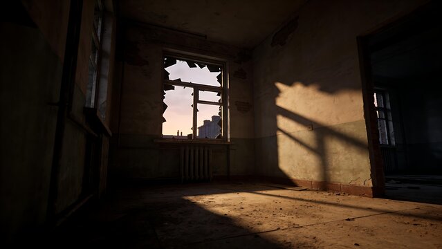 oligarchy. Urban ruin at dusk with soft light through a broken window onto a dusty floor. real-estate listings.