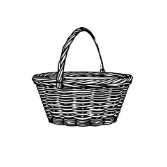 Obraz premium ​​Woven wicker picnic basket, black line art, whit