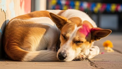 Obraz premium Dog sleeping peacefully with pink powder on its face animal canine