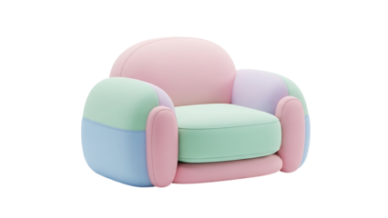 Pastel colored armchair with soft cushions and rounded edges for children to sit comfortably indoors.