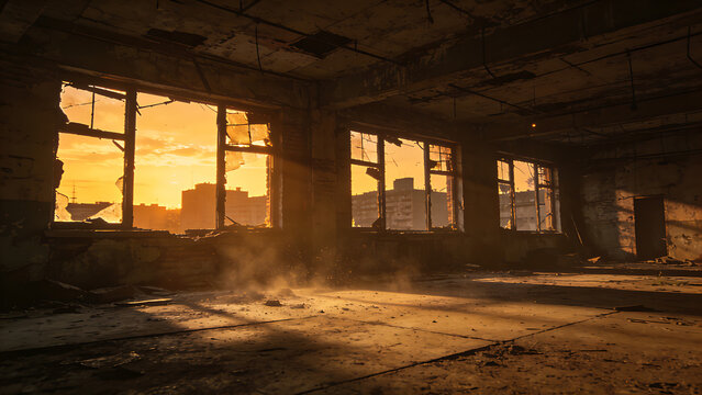 oligarchy. Urban ruin at dusk with soft light through a broken window onto a dusty floor. real-estate listings.