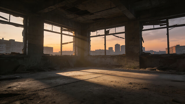 oligarchy. Urban ruin at dusk with soft light through a broken window onto a dusty floor. real-estate listings.