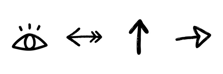 Eye And Arrows Line Icon Set In Doodle Style. Vision, Direction, And Navigation Symbols Outline Sketch Collection. Hand Drawn Isolated Vector Illustration