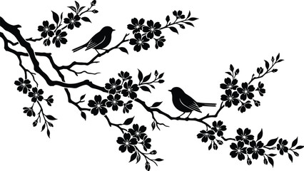 Bird silhouettes perched on blossoming branches isolated on white background elegant spring floral nature vector illustration decorative art design clipart © Creative Soul